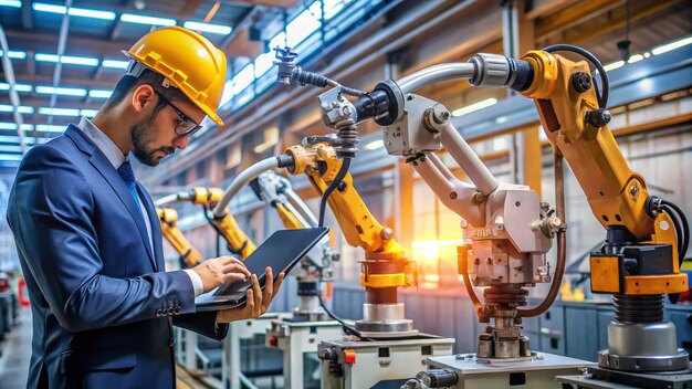 a man in yellow hard hat using a laptop in a factory