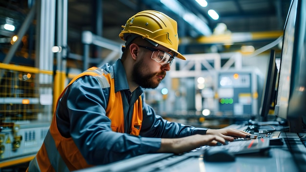 a man in a yellow hard hat working on a laptop