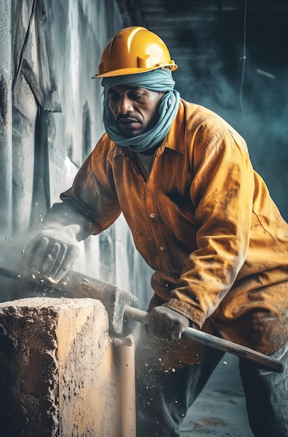 A man in a yellow hard hat and a yellow hard hat with a hammer on it.