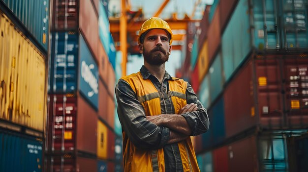 Man in Yellow Hardhat Among Shipping Containers Generative AI