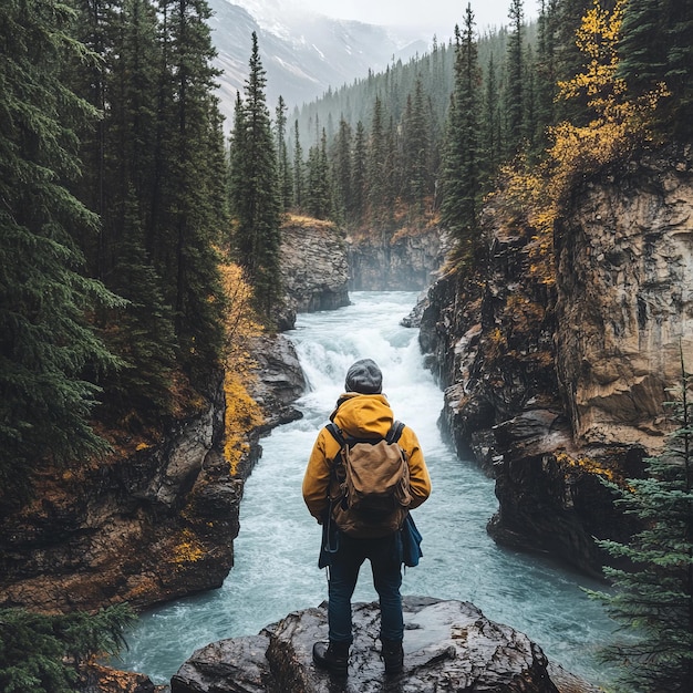 Photo man in yellow jacket and backpack stands on rocks looking at a rushing river flowing through a canyon