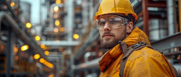 Photo a man in a yellow jacket and a hard hat stands in front of a building