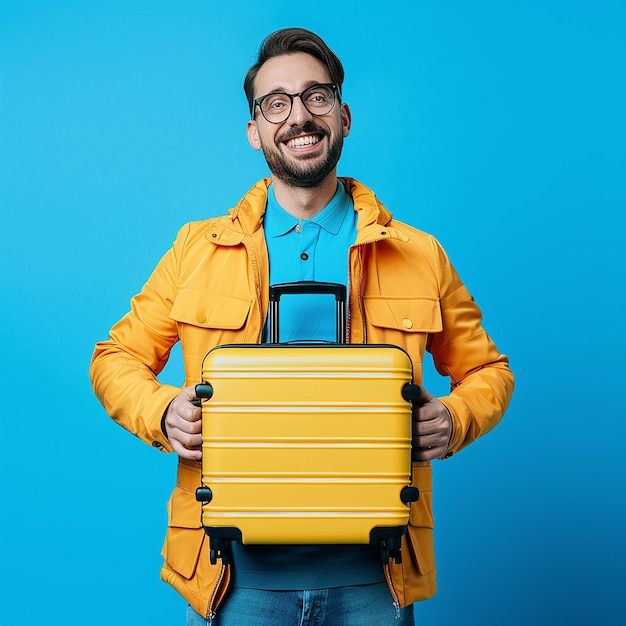 a man in a yellow jacket holds a briefcase that says quot he is holding a briefcase quot