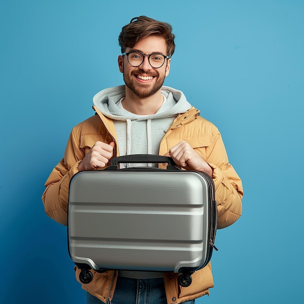 a man in a yellow jacket holds a suitcase with a blue background behind him