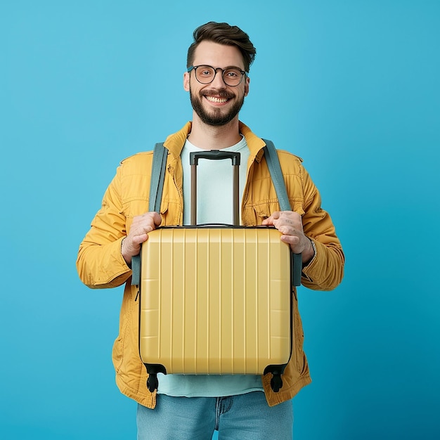 a man in a yellow jacket holds a suitcase with a handle