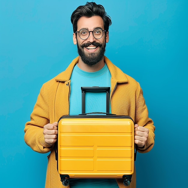 a man in a yellow jacket holds a yellow briefcase