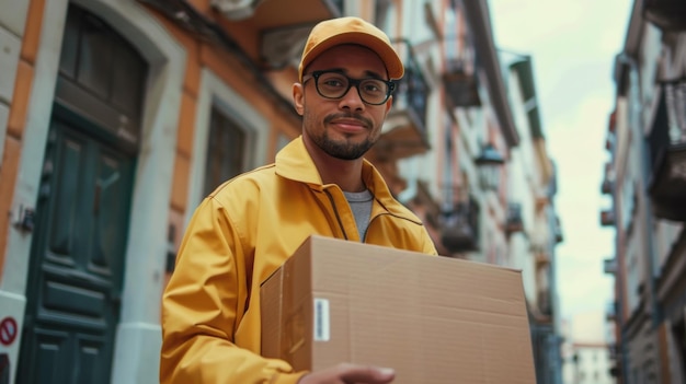 Photo a man in a yellow jacket is holding a cardboard box