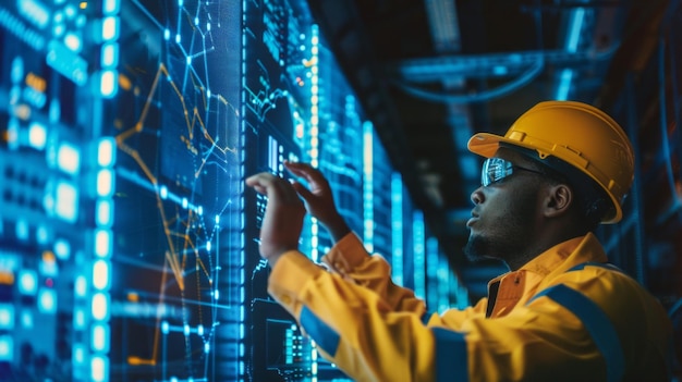 A man in a yellow jacket is looking at a computer screen with a lot of numbers