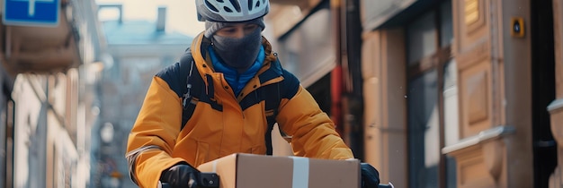 a man in a yellow jacket is moving boxes with a blue and black helmet on