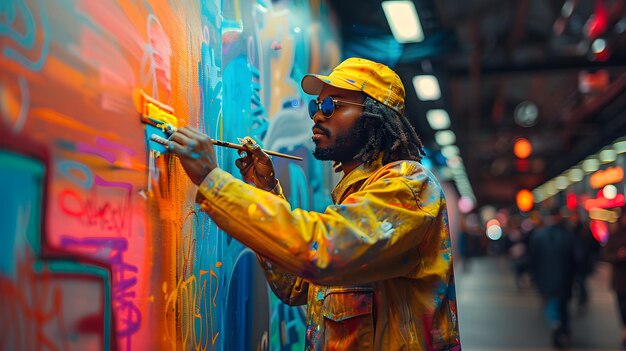 A man in a yellow jacket is painting a wall with graffiti The man is wearing sunglasses and a hat The scene is lively and colorful