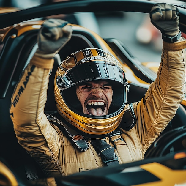 Photo a man in a yellow jacket is in a race car