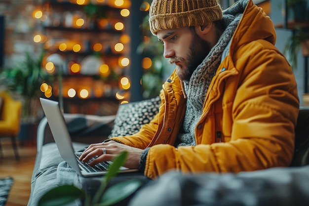 Photo a man in a yellow jacket is sitting on a couch and typing on a laptop