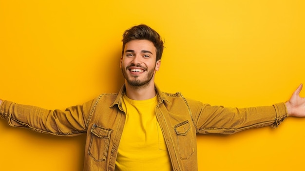 Photo a man in a yellow jacket is smiling and holding his arms out