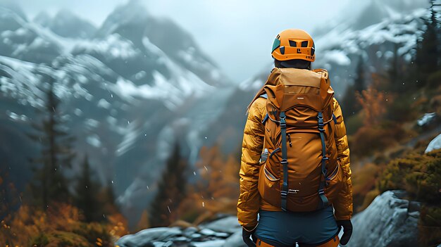 Photo a man in a yellow jacket is standing in front of a mountain with snow on the ground and mountains in the background