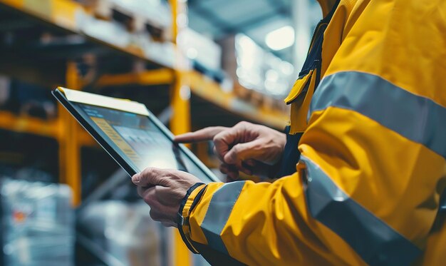 a man in a yellow jacket is using a tablet with a yellow jacket