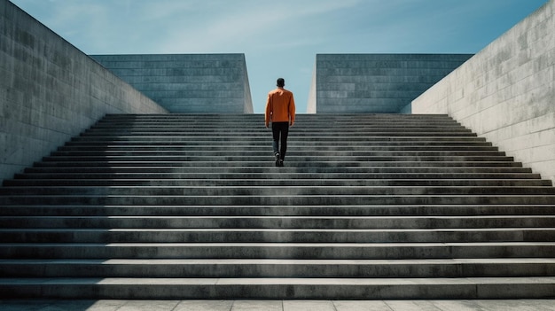 a man in a yellow jacket is walking up a set of stairs