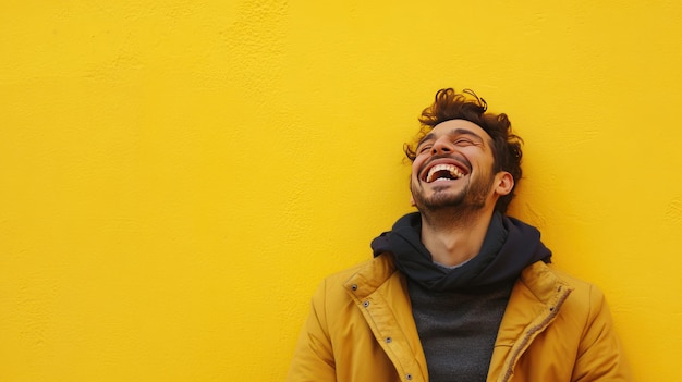 Photo a man in a yellow jacket laughing against a yellow wall