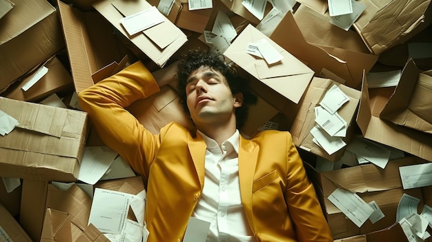 Man in a yellow jacket lying amid a chaotic sprawl of cardboard boxes and papers