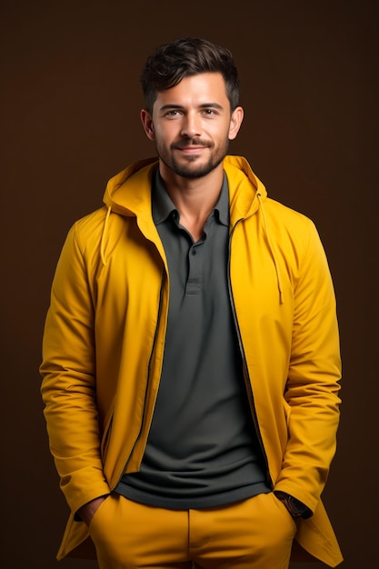 Man in yellow jacket posing for picture Generative AI