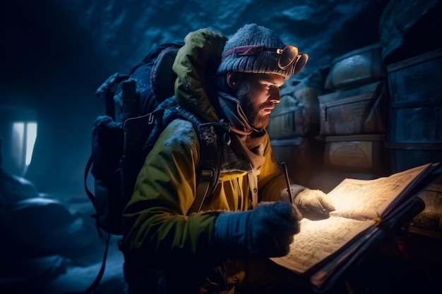 A man in a yellow jacket reads a book in a dark cave.