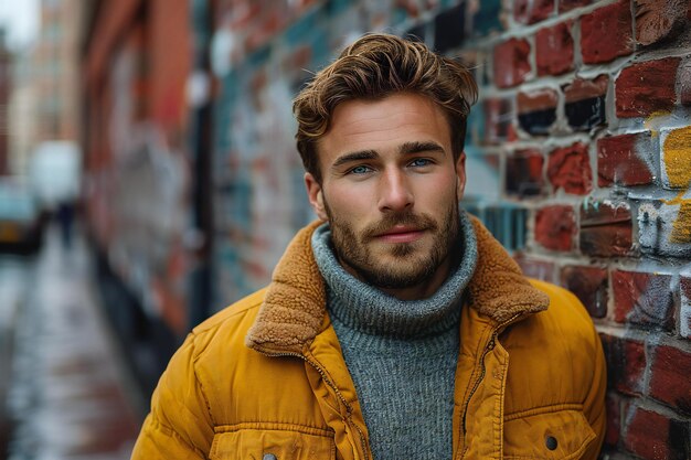 Photo a man in a yellow jacket and a scarf stands in front of a brick wall