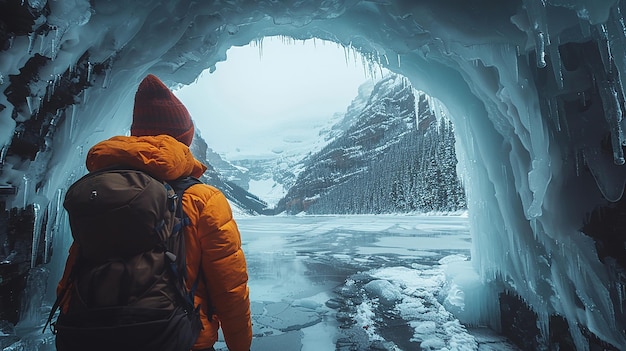 a man in a yellow jacket stands in front of an ice cave