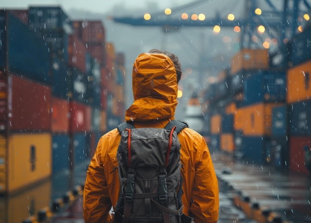 Man in yellow jacket stands in shipping yard in the rain