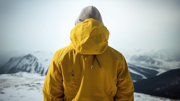 A man in a yellow jacket stands in the snow looking at a mountain.