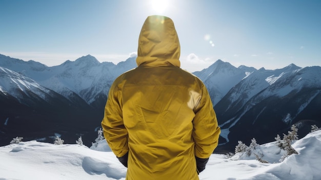 A man in a yellow jacket stands in the snow looking at the mountains.