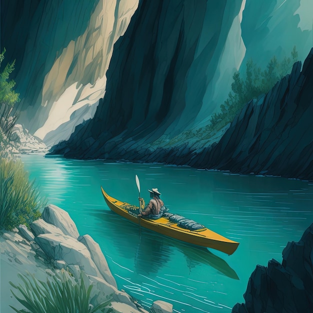 A man in a yellow kayak on a river