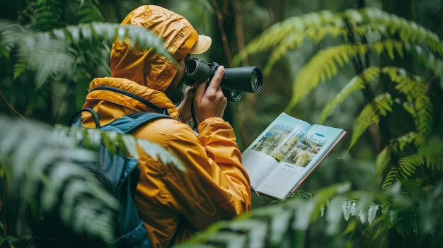 Photo a man in a yellow raincoat and a backpack looks through binoculars while holding a map