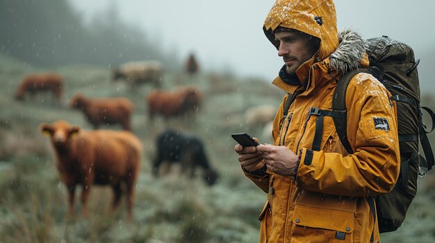 a man in a yellow raincoat is looking at his phone in the rain