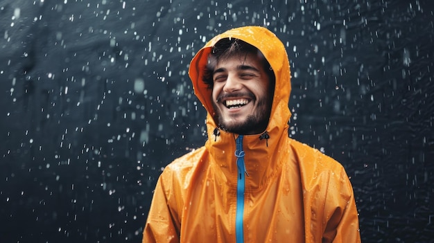 Photo a man in a yellow raincoat is smiling and laughing while it is raining