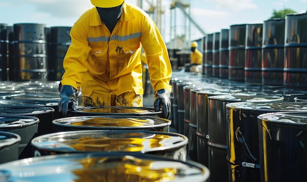 Photo a man in a yellow raincoat is working in a large barrel