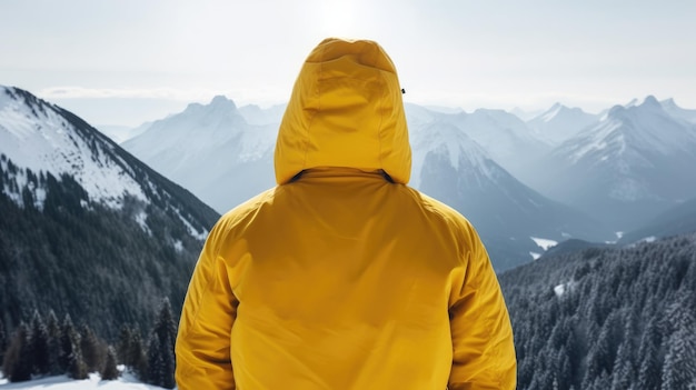 A man in a yellow raincoat stands on a mountain top looking at the mountains.