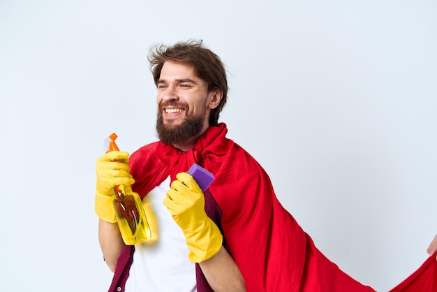 Man in yellow raincoats cleaning professional hygiene home frequency