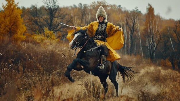 A man in a yellow robe rides a rearing horse through a field