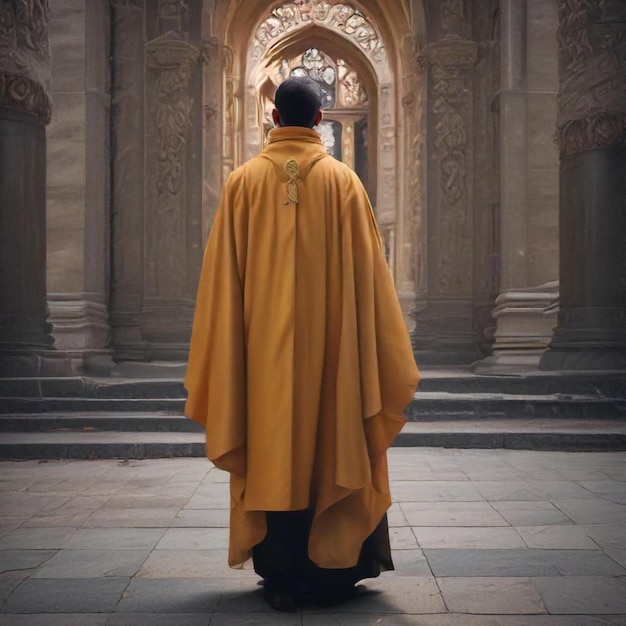 a man in a yellow robe stands in front of a large building