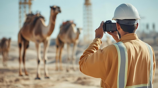 Photo man in yellow safety vest taking photo of camels in desert landscape photo