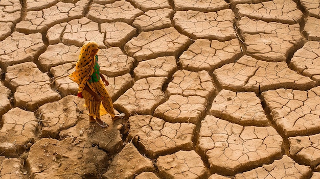 Photo a man in a yellow sari stands in a cracked cracked area