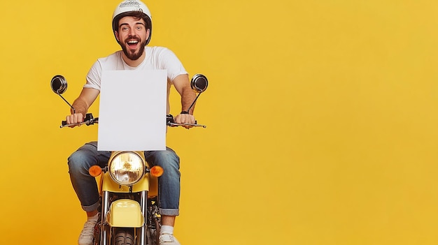 Photo a man on a yellow scooter with a yellow background