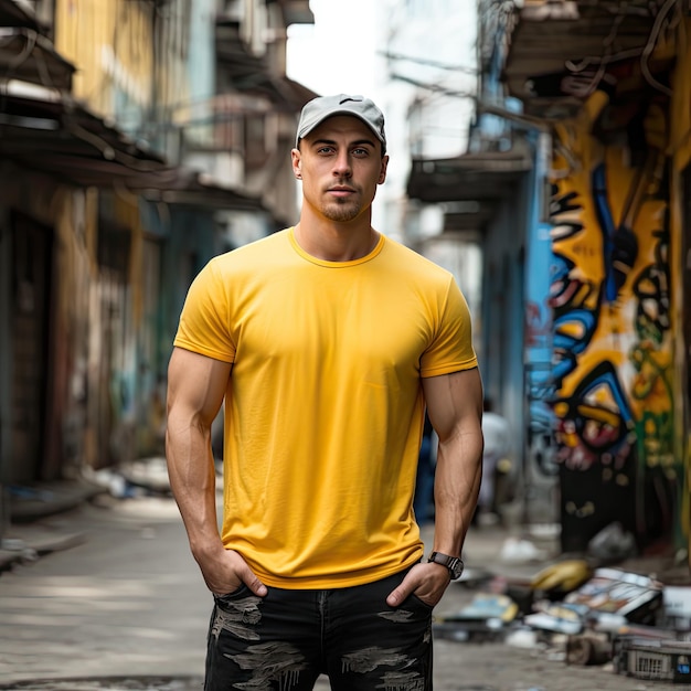 Man in Yellow Shirt in Alleyway