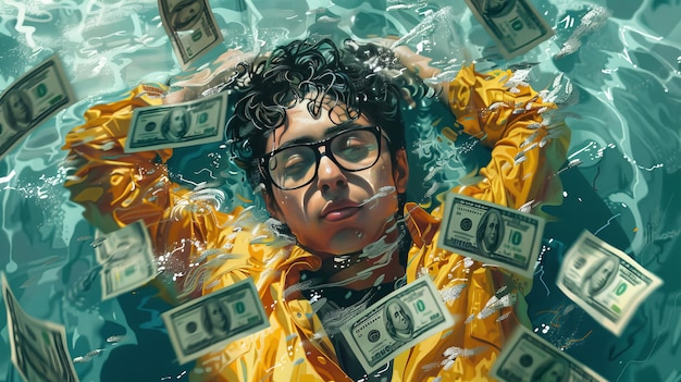 A man in a yellow shirt is laying in water with money in his hands