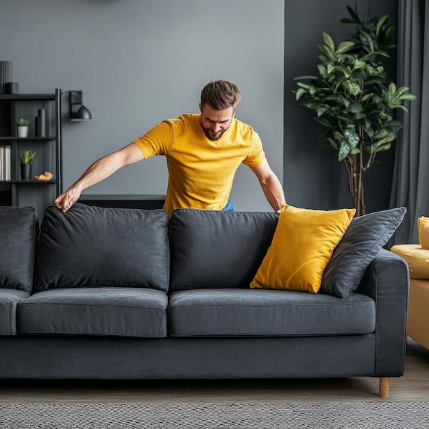 Photo a man in a yellow shirt is leaning on a couch with pillows