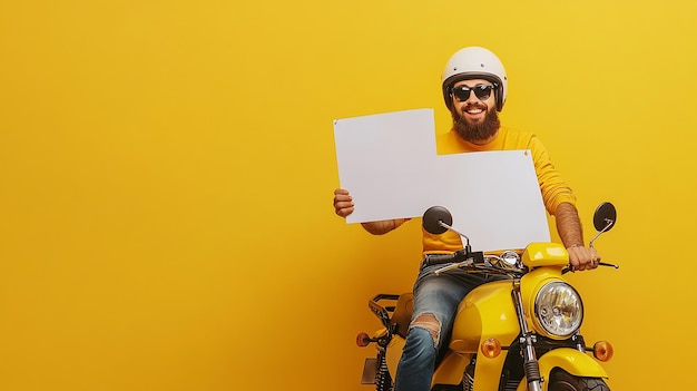 Photo a man in a yellow shirt is riding a yellow motorcycle with a sign that says  he is holding a paper