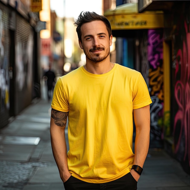 Man in Yellow Shirt on Sidewalk