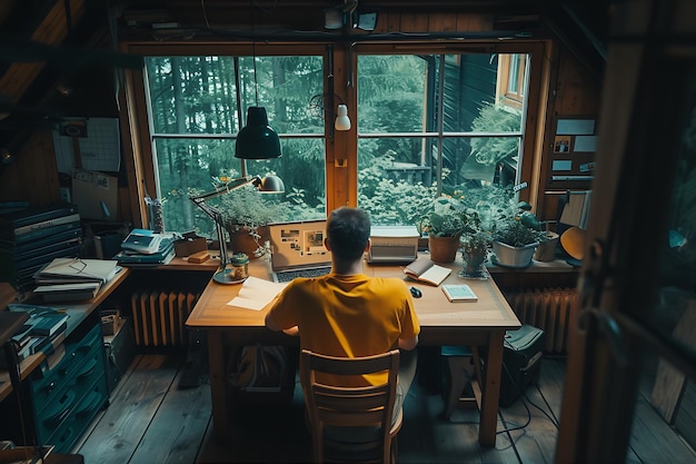 Man in Yellow Shirt Sits at His Desk