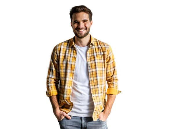 Photo a man in a yellow shirt smiles and smiles