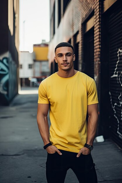 Man in Yellow Shirt Standing in Alley