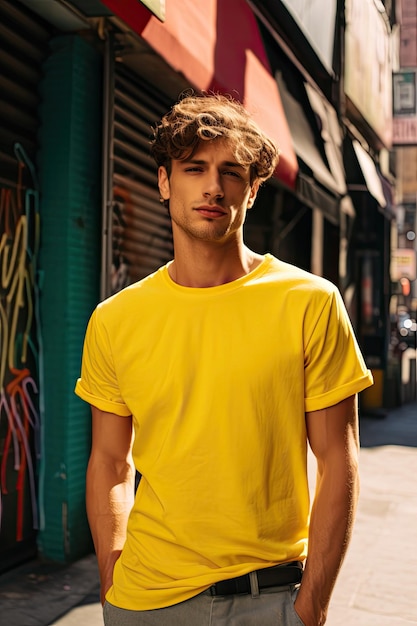 Man in Yellow Shirt Standing on Sidewalk